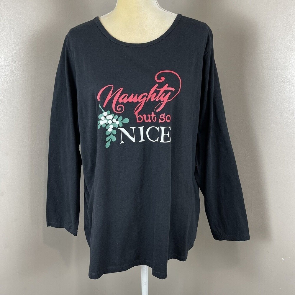Women Black Pullover Top Sz L Long Sleeve Naughty But So Nice Print Dreams Co